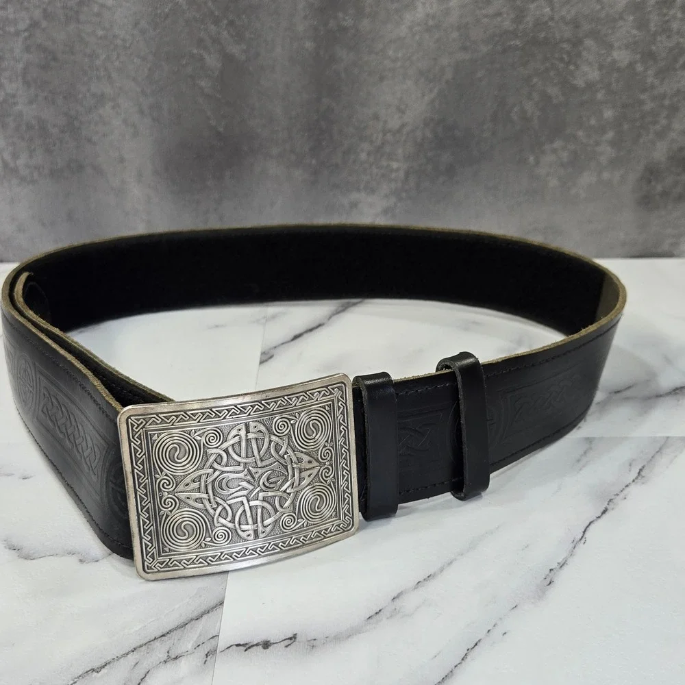 Celtic Knot Embossed Leather Belt Mens Large Black Silver Buckle Western